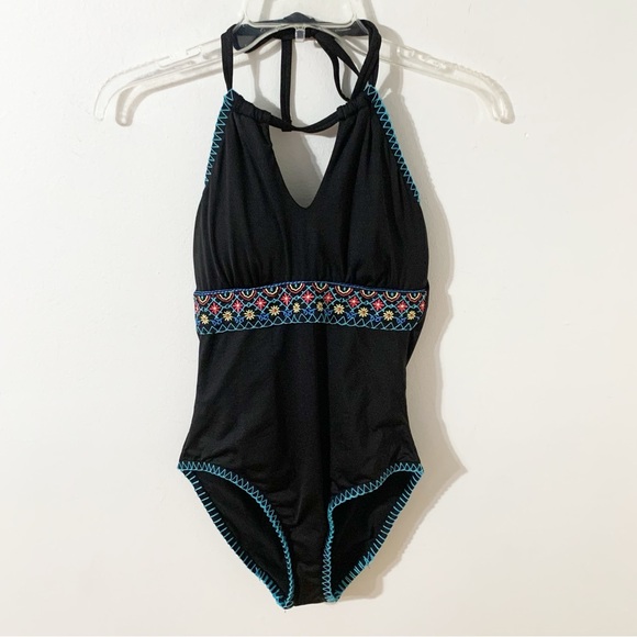 Apt. 9 Black Floral Embroidered Waistband One Piece Bathing Suit / Swimsuit 🖤🩵 - Picture 1 of 12